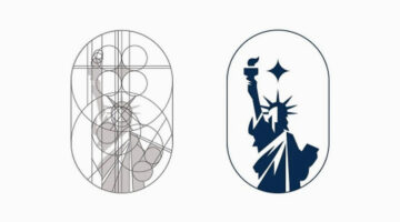 Logo design example showing Statue of Liberty silhouette with overlapping circle grid construction lines