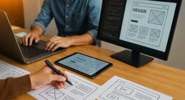 Designer sketching website wireframes alongside developer coding on a laptop, with design mockups displayed on a tablet and monitor.