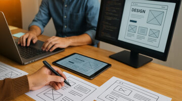 Designer sketching website wireframes alongside developer coding on a laptop, with design mockups displayed on a tablet and monitor.