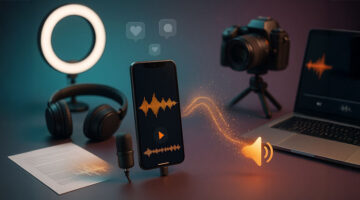 Smartphone with waveform animation, microphone, and recording setup used to convert text into speech for engaging social media storytelling.
