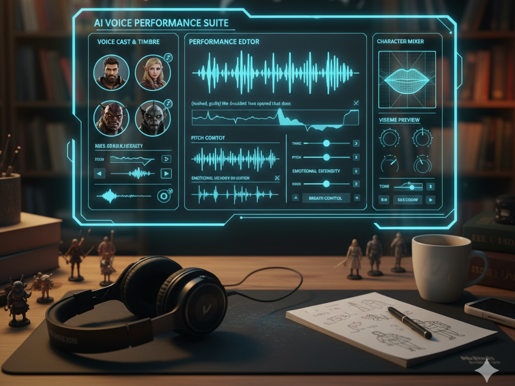 AI voice editor dashboard with pitch, tone, and character controls used to refine text-to-speech audio for videos.
