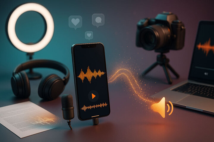 Smartphone recording setup with microphone, headphones, and camera used to convert text into speech for social media videos.