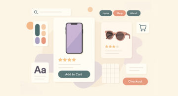 Modern ecommerce website design illustration showing product cards, shopping cart, color palette, typography, and checkout UI elements in a clean pastel layout.