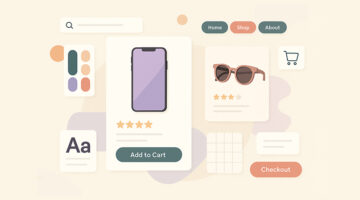 Modern ecommerce website design illustration showing product cards, shopping cart, color palette, typography, and checkout UI elements in a clean pastel layout.