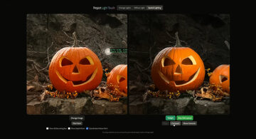 Side-by-side comparison showing Adobe’s Project Light Touch relighting a carved pumpkin photo with AI-generated lighting.