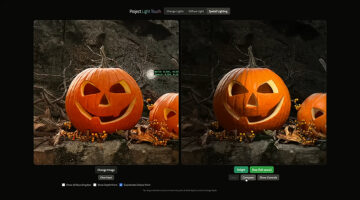 Side-by-side comparison showing Adobe’s Project Light Touch relighting a carved pumpkin photo with AI-generated lighting.