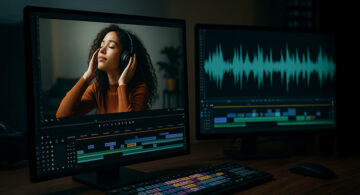 A video editor working on a slow-motion clip with synchronized audio waveform on dual monitors, symbolizing storytelling and sound clarity in marketing content creation.
