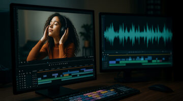 A video editor working on a slow-motion clip with synchronized audio waveform on dual monitors, symbolizing storytelling and sound clarity in marketing content creation.