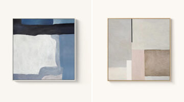 Two mid-century modern abstract paintings in minimalist frames — one featuring soft blue and white geometric blocks, and the other composed of neutral beige, gray, and blush shapes with clean lines.