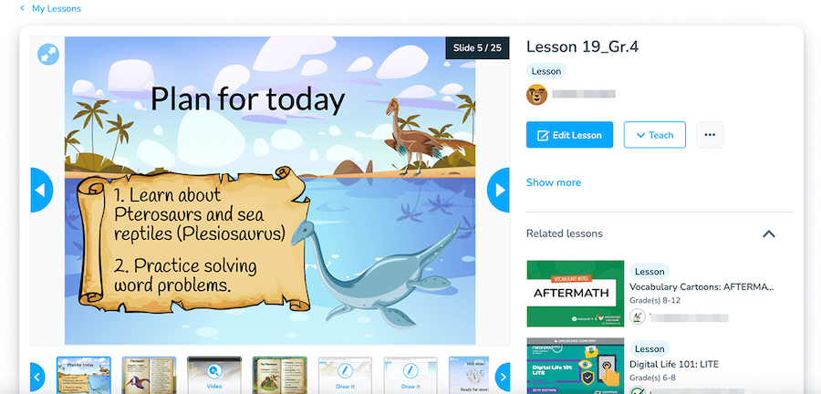 Dinosaur-themed interactive lesson slide showing a personalized learning plan for kids.