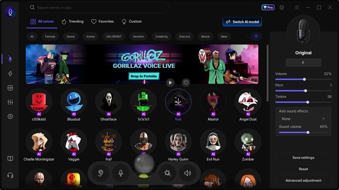 EaseUS Voicewave interface showing AI voice effects, character voices, and customization controls for Roblox voice changing.