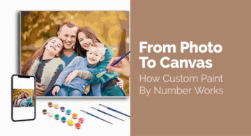 From Photo To Canvas: How Custom Paint By Number Works A custom paint-by-numbers kit turning a family photo on a smartphone into a colorful canvas painting with brushes and paints.
