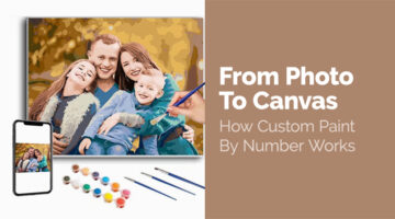 A custom paint-by-numbers kit turning a family photo on a smartphone into a colorful canvas painting with brushes and paints.