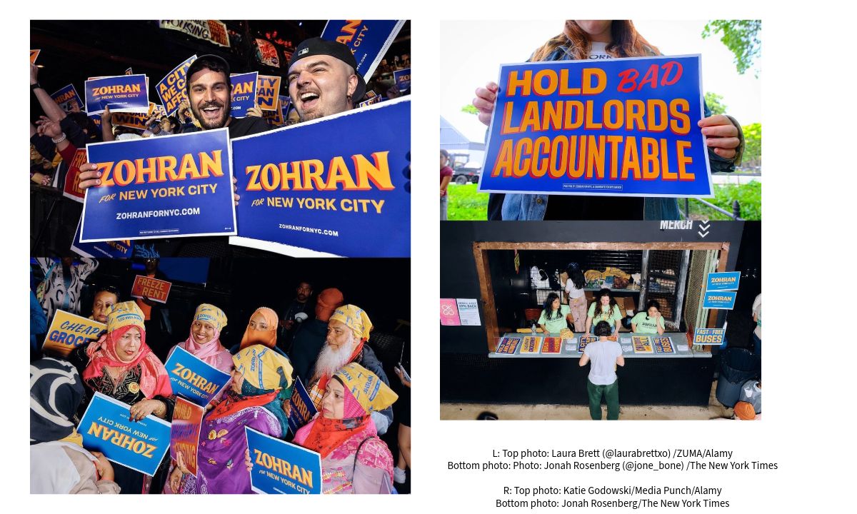 Protest-style placards and campaign collateral from Zohran Mamdani’s grassroots branding system.