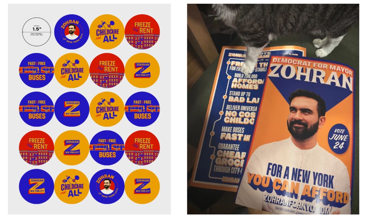 Zohran Mamdani campaign stickers, posters, and print materials showing consistent visual identity.