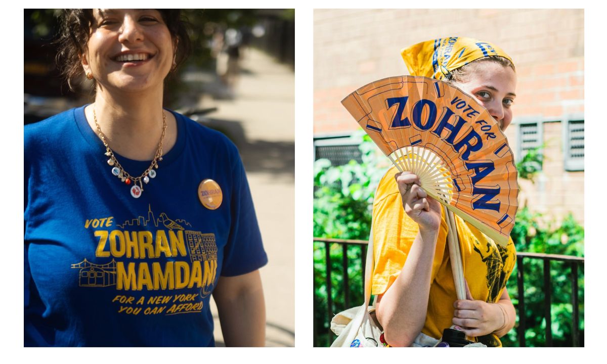 Community supporters wearing Zohran Mamdani campaign merchandise in blue and gold.