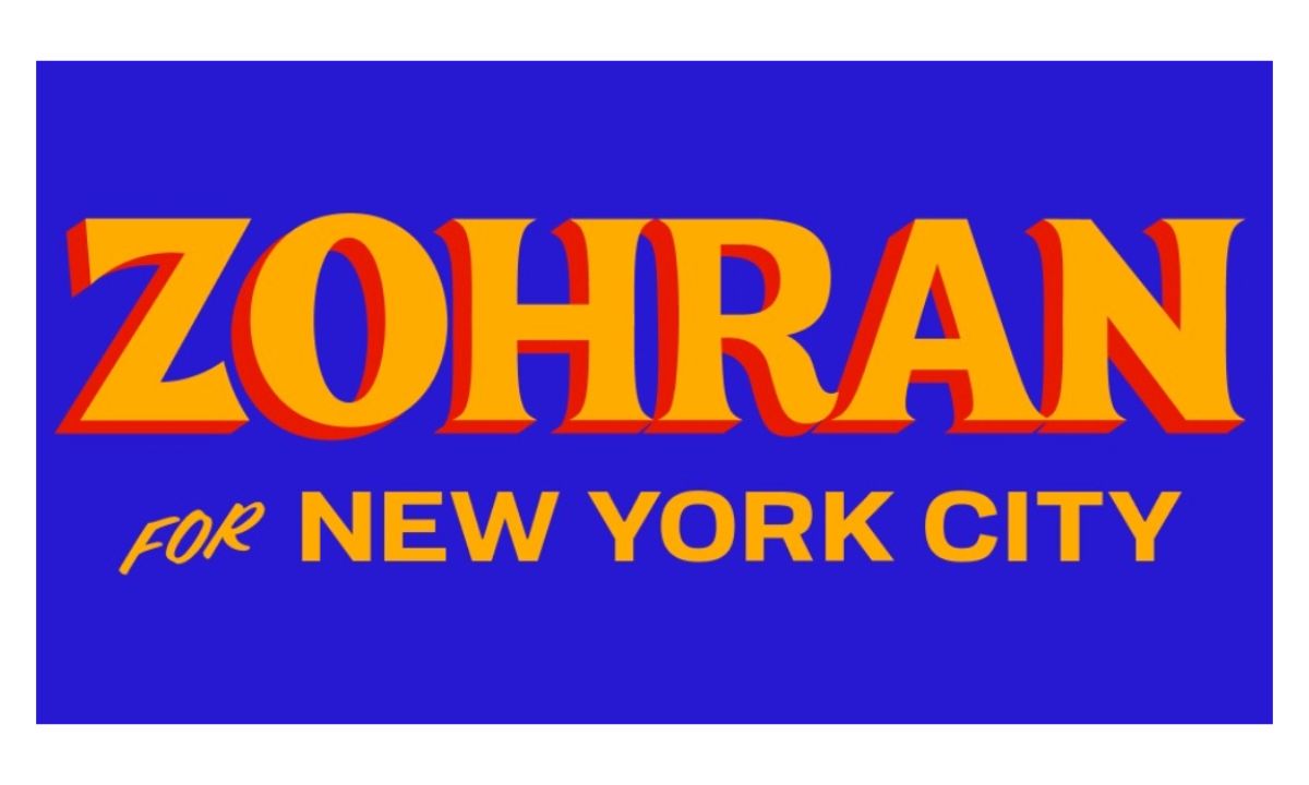 Close-up of Zohran Mamdani campaign wordmark showing handcrafted typography and painted shadow detail.