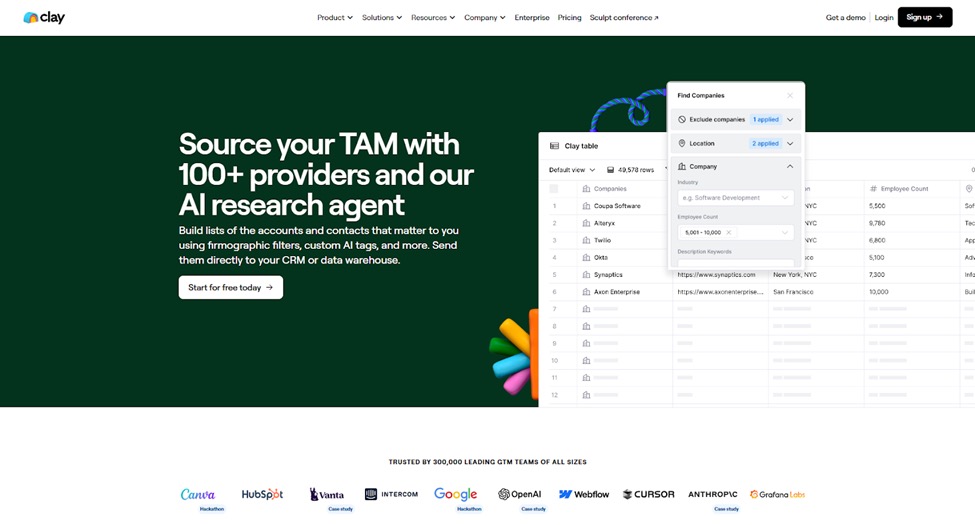 Clay platform interface displaying AI-driven company research and lead filtering tools.