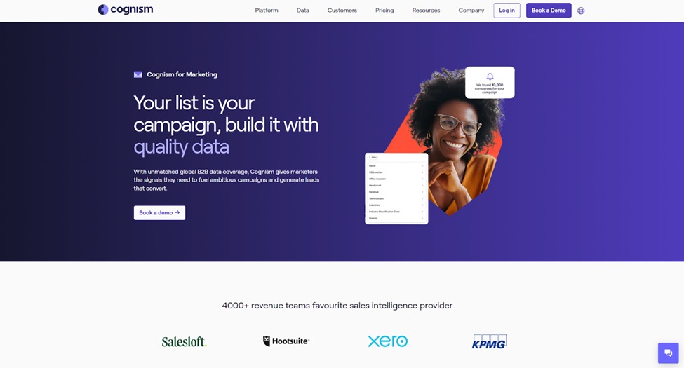 Cognism homepage showcasing AI-powered B2B data and lead intelligence features.
