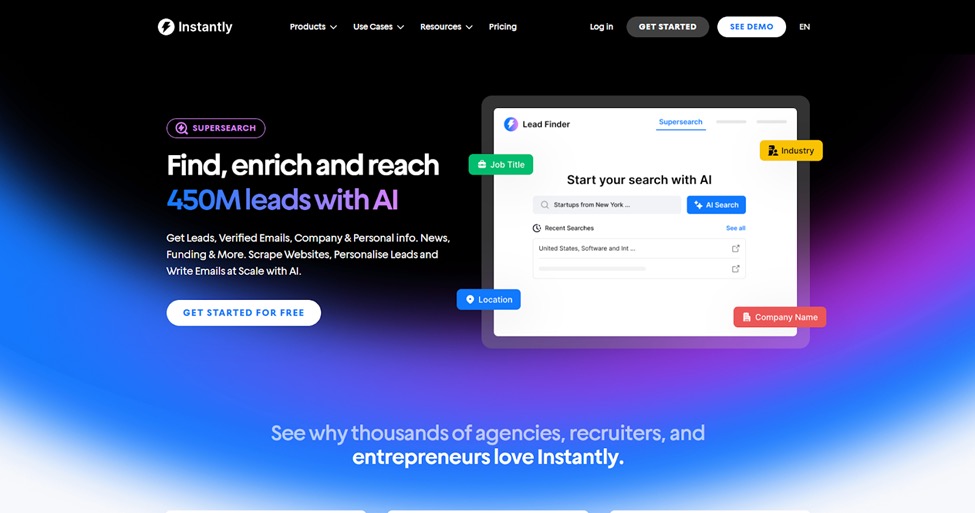 Instantly Supersearch interface with AI-driven lead finder and enrichment features.
