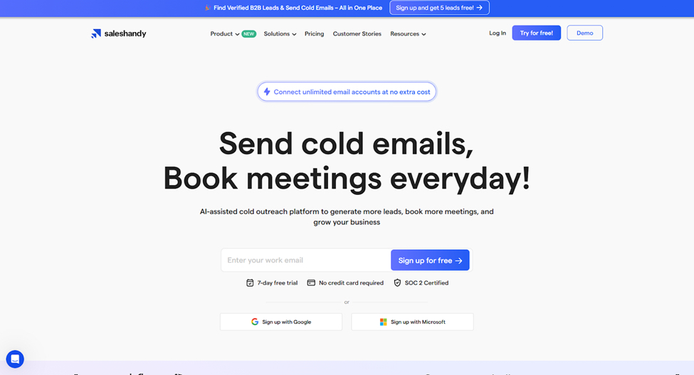 Saleshandy homepage displaying AI-assisted cold outreach and email sequencing tools.