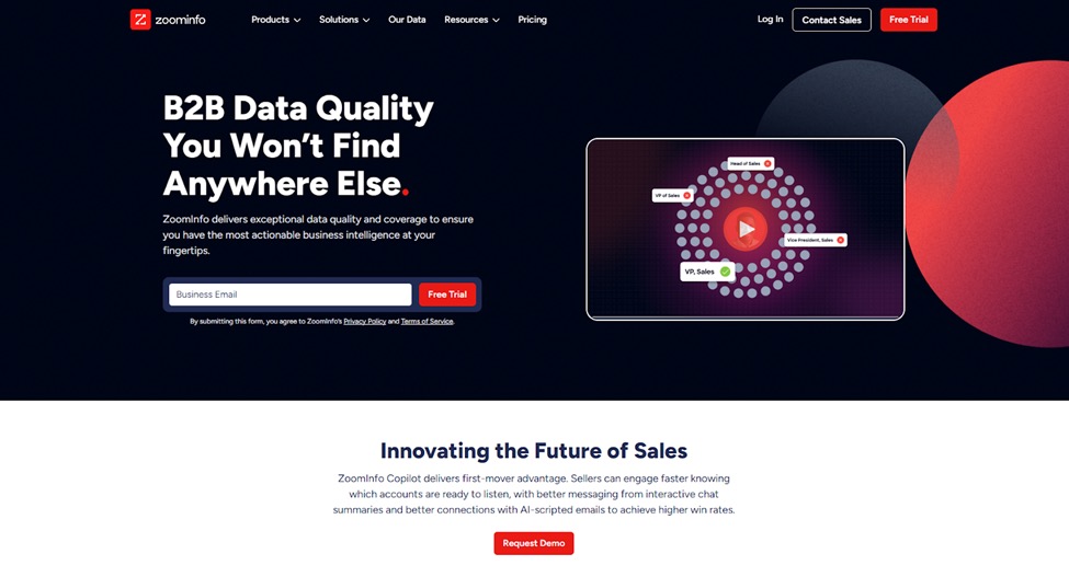ZoomInfo homepage highlighting B2B data quality, insights, and AI-powered sales intelligence.