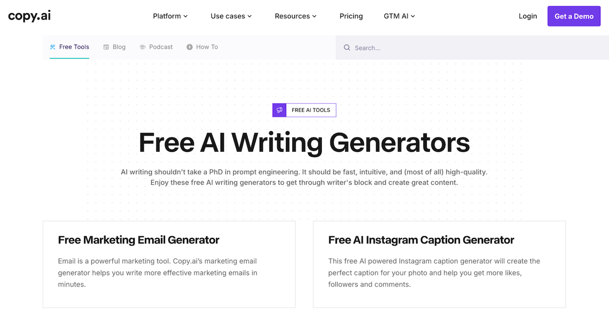 Copy.ai homepage showcasing free AI writing generators