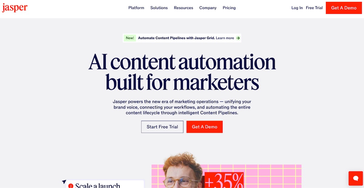 Jasper AI homepage highlighting AI content automation for marketers