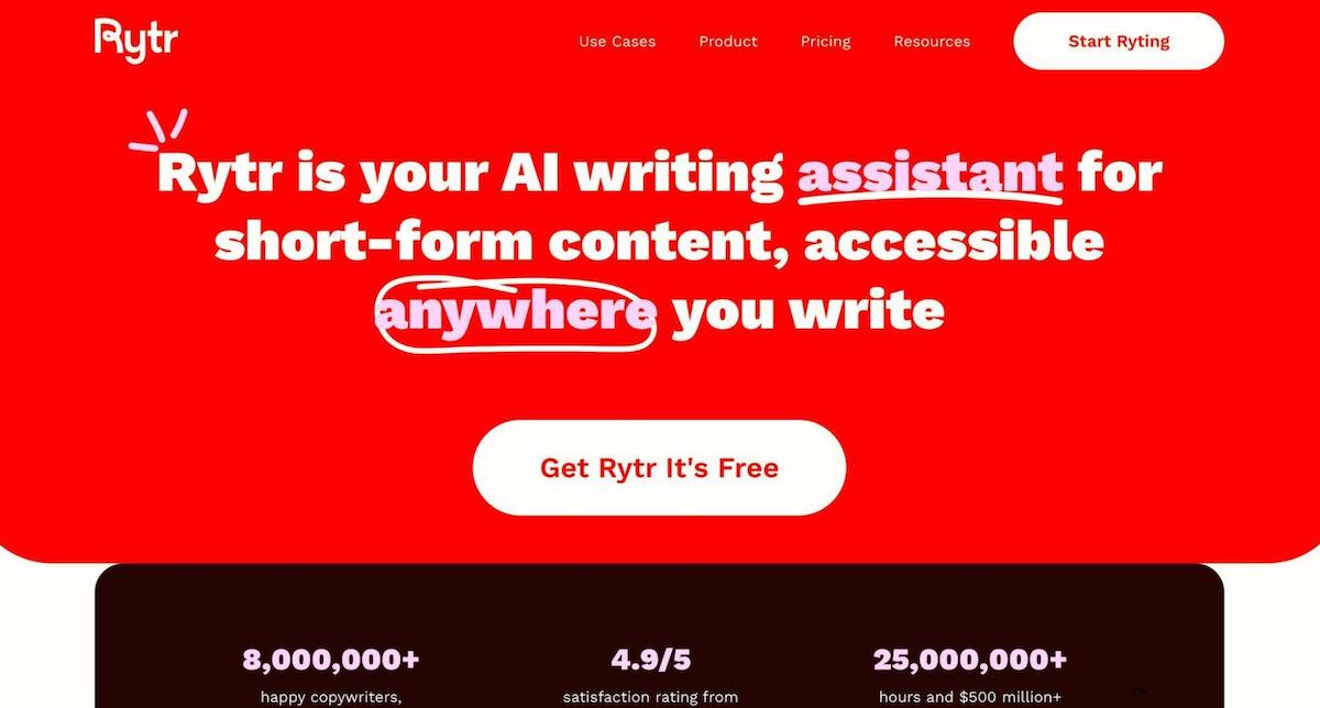 Rytr AI writing assistant homepage promoting short-form content tools