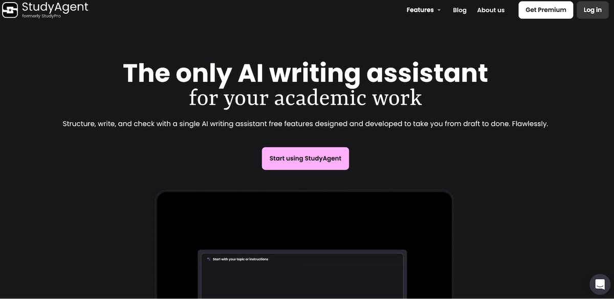 StudyAgent AI writing assistant homepage for academic work