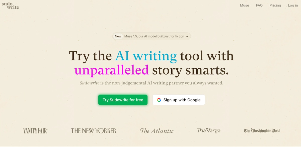 Sudowrite homepage showing AI writing tool for fiction and storytelling