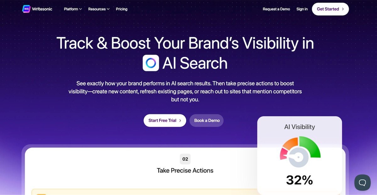 Writesonic homepage displaying AI search visibility and content tools