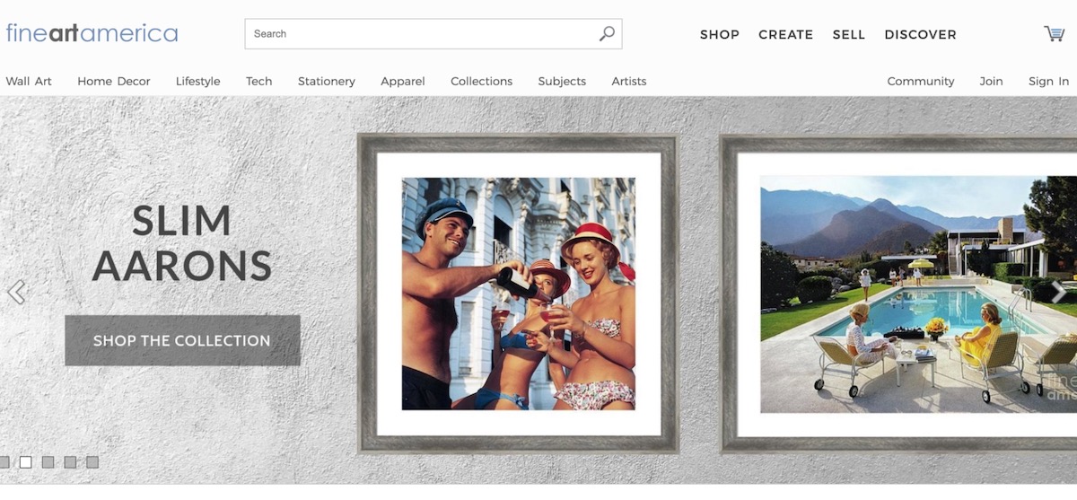 Fine Art America homepage showcasing framed wall art and photography prints