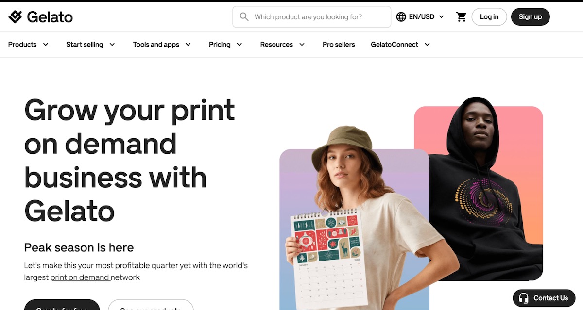 Gelato print on demand platform homepage highlighting custom printed products