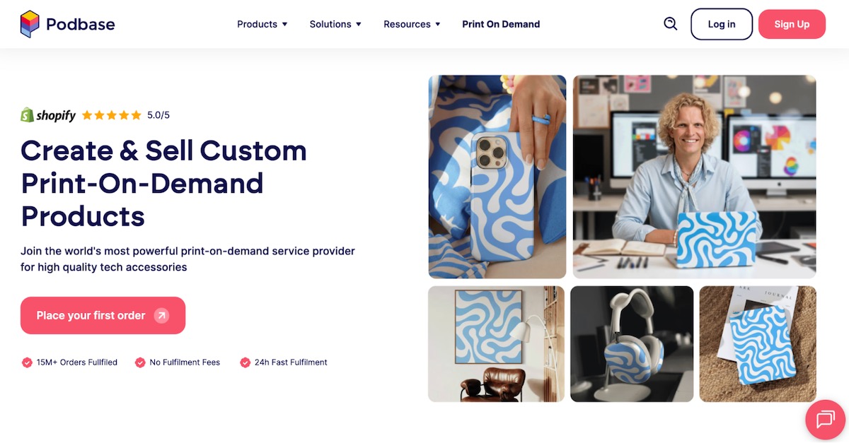 Podbase website showing custom print on demand tech accessories