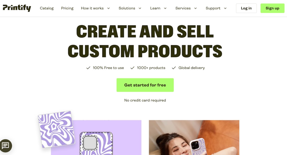Printify homepage featuring custom print on demand products