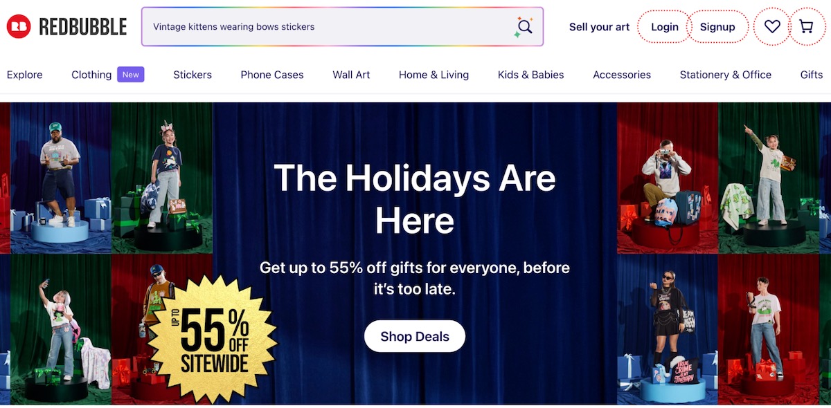 Redbubble marketplace homepage promoting print on demand gifts and art