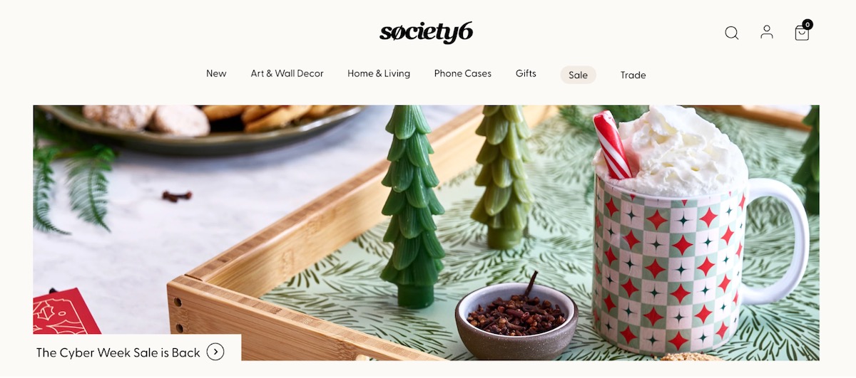 Society6 marketplace showcasing print on demand home decor products