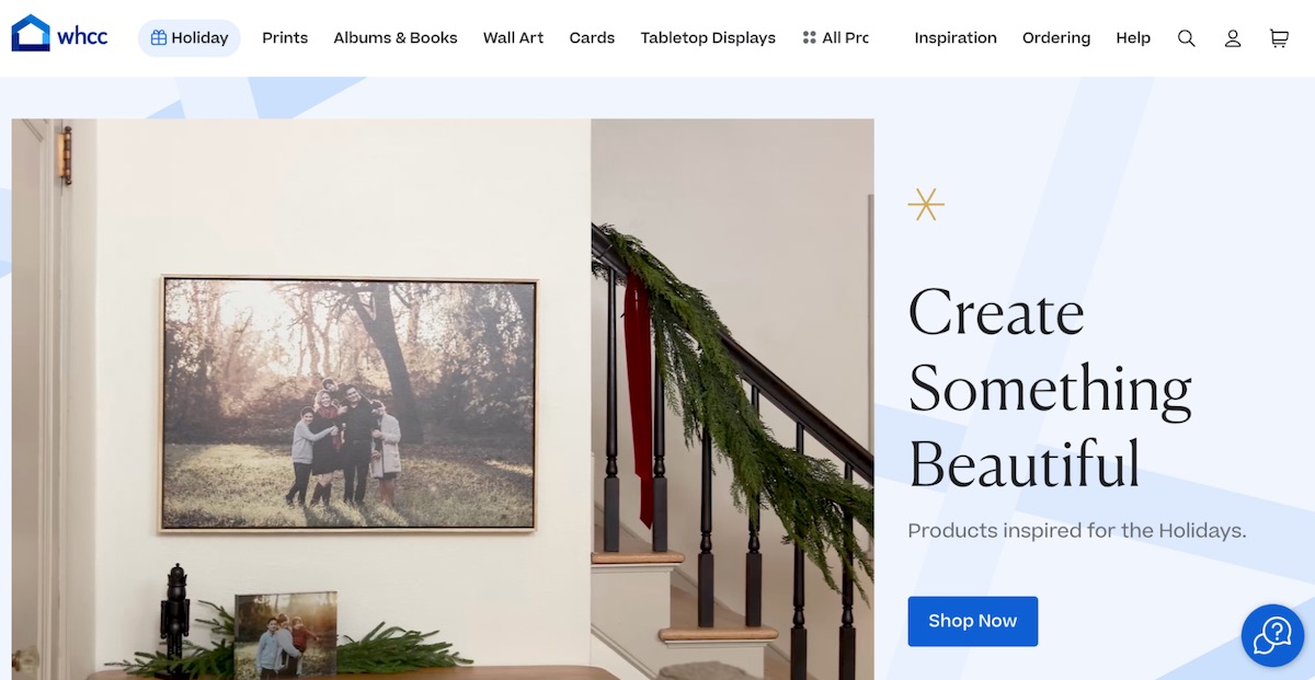 WHCC professional photo lab homepage featuring custom photo wall art