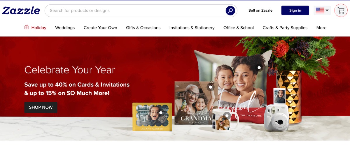 Zazzle print on demand marketplace showcasing customizable gifts and photo products