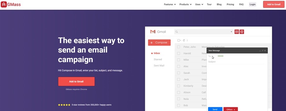GMass Gmail-based email campaign interface with compose window and send options.