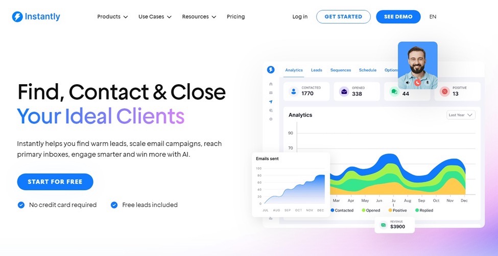 Instantly homepage showcasing analytics, email sequences, and lead generation features.