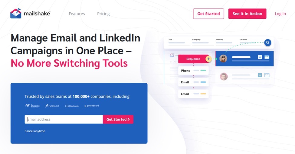 Mailshake email outreach dashboard showing campaign tools and features.