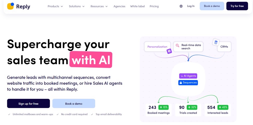 Reply.io dashboard featuring multichannel outreach and AI-powered tools.