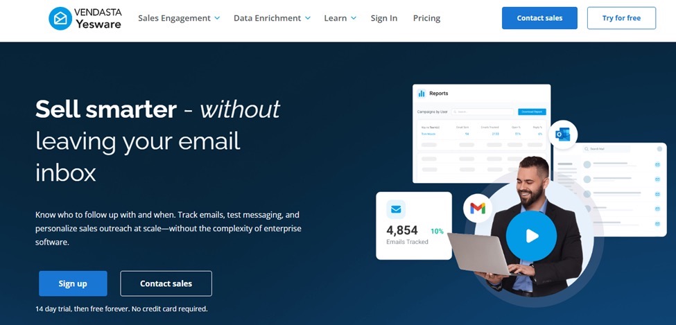Yesware homepage displaying email tracking and sales engagement tools.