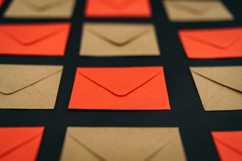 Red and brown envelopes arranged on a dark background
