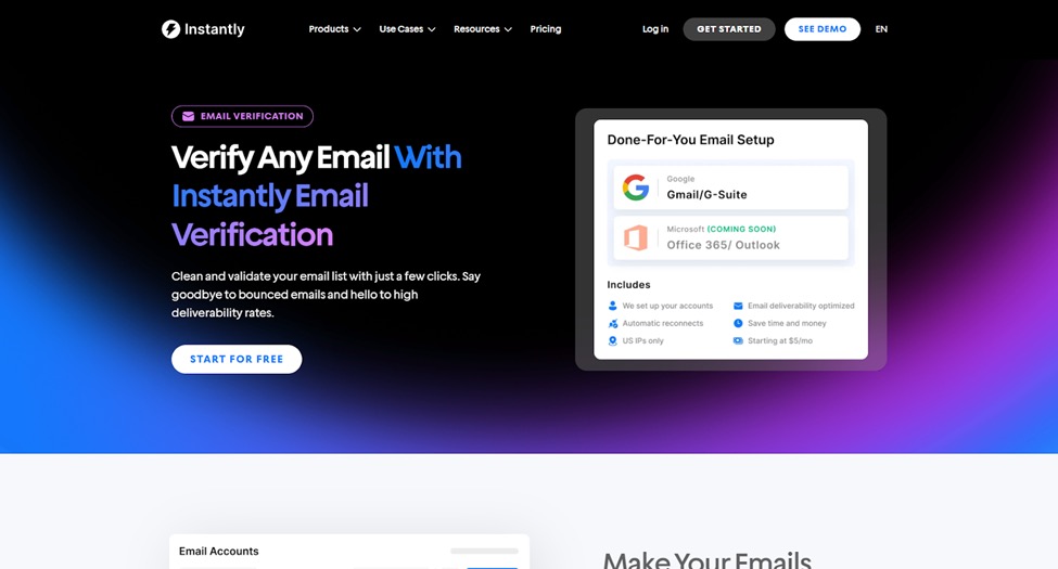 Instantly email verification tool homepage