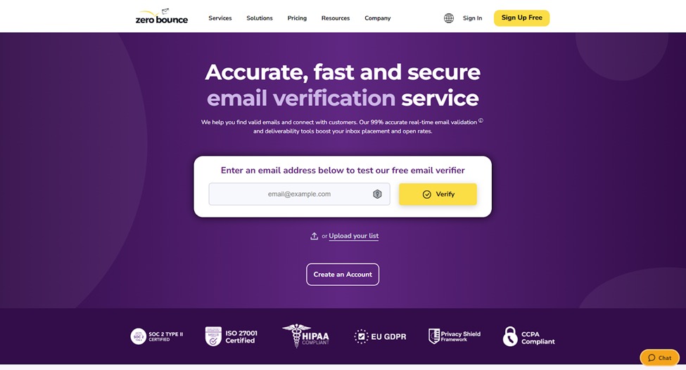 ZeroBounce accurate email verification service homepage