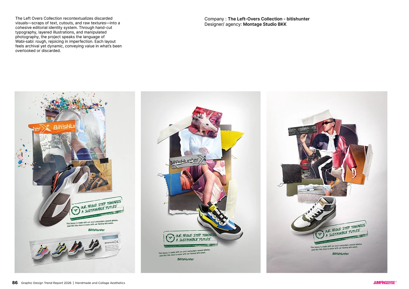 Mixed-media collage design featuring hand-cut shapes and textured backgrounds