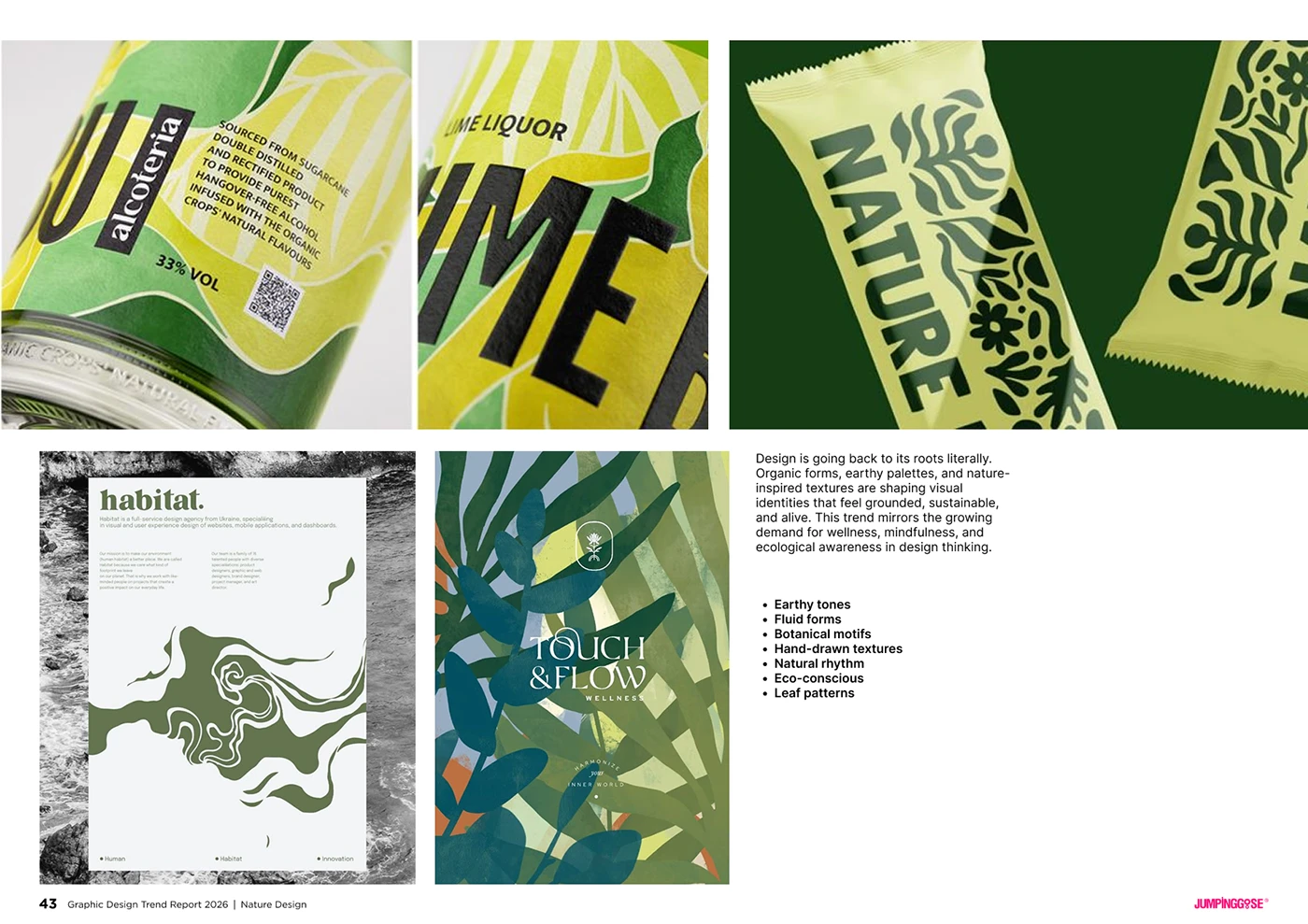 Organic graphic design composition influenced by natural forms and muted color palettes